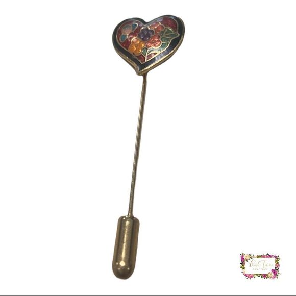 Vintage Heart Shaped Cloisonné Floral & Butterfly Stick Pin - Picture 6 of 14